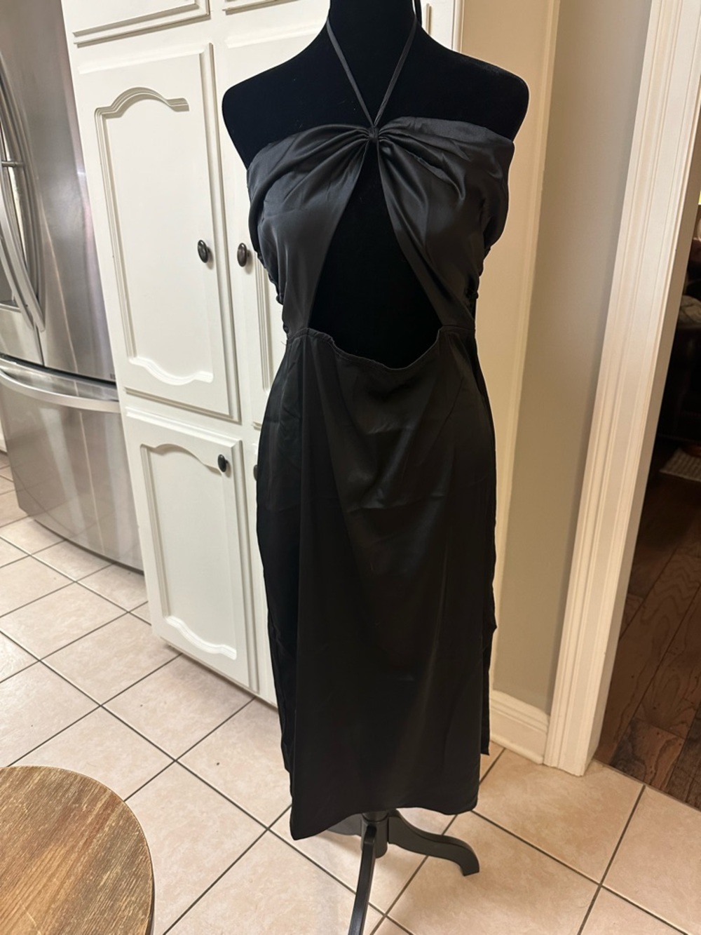 DANIELLE BERNSTEIN Black Satin Cutout Midi Dress - Picture 3 of 6